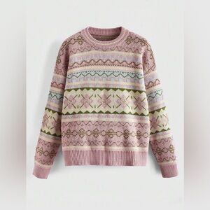 Romwe | Cozy Knit Fair Isle Sweater in Pink Size XL